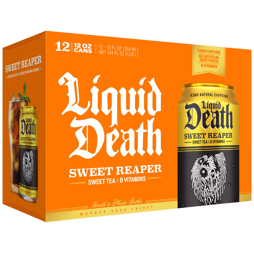 Liquid Death Sweet Reaper twelve-pack in fridge displaying easy grab convenience