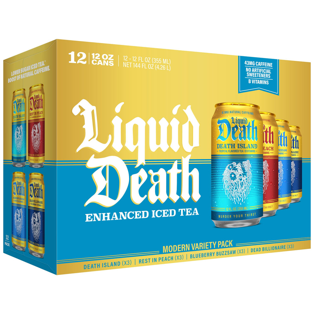 Liquid Death variety pack front view showing all four flavors and recyclable benefit