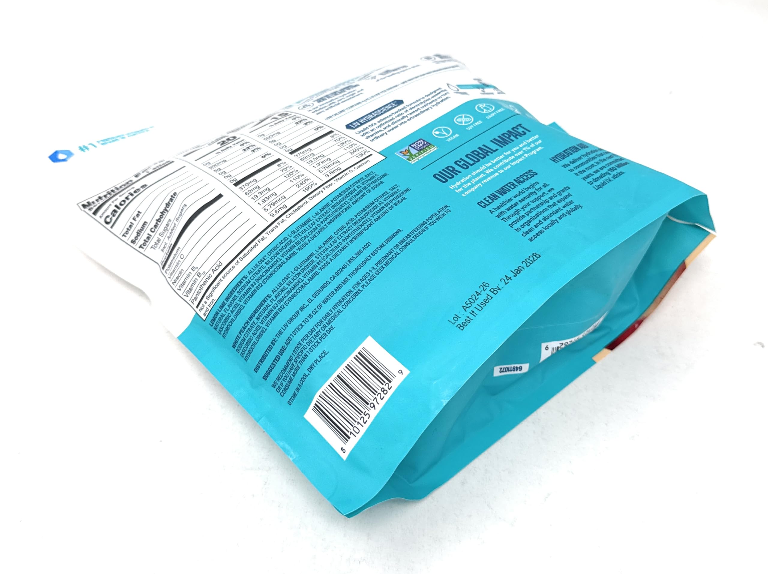 Close-up of Liquid I.V. ingredient and vitamin label for transparency