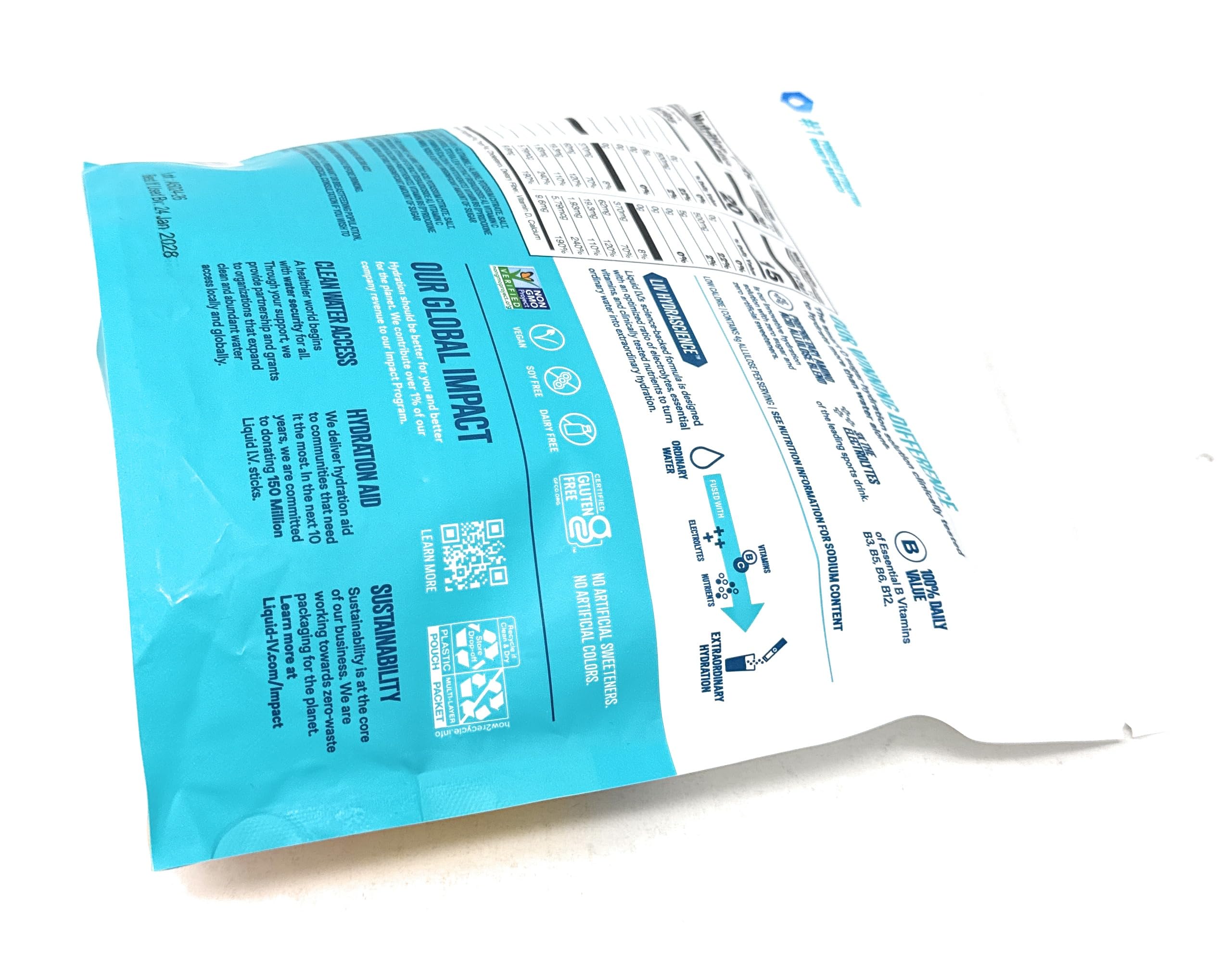 Packet beside a hand to show Liquid I.V. stick size and portability