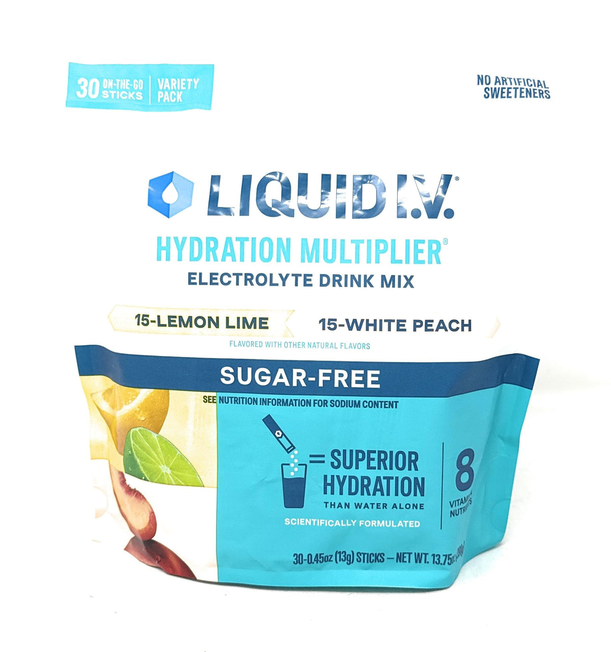 Liquid I.V. variety pack front showing 30 sugar free sticks and benefits