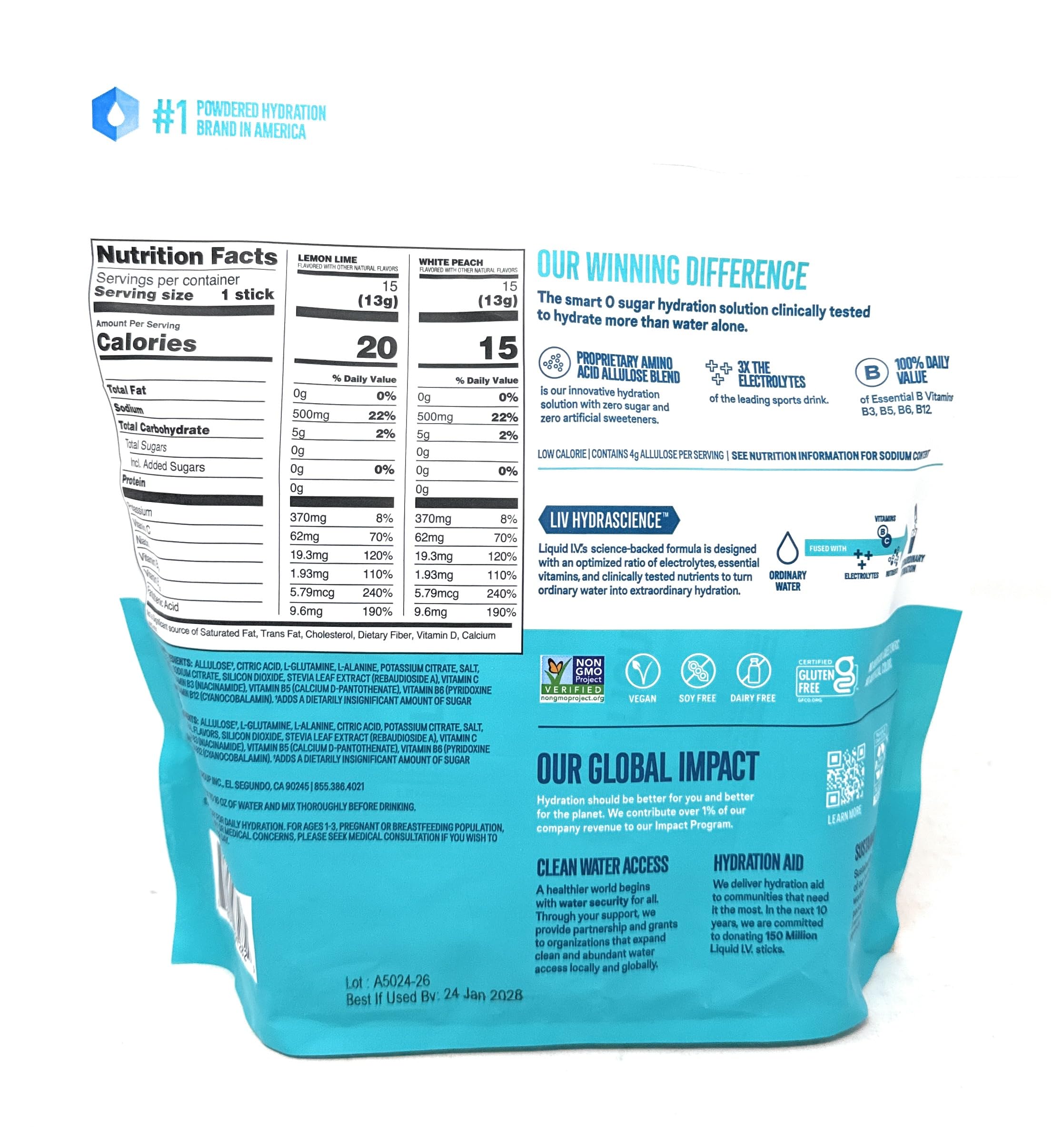 Liquid I.V. White Peach packet close-up highlighting natural flavor profile