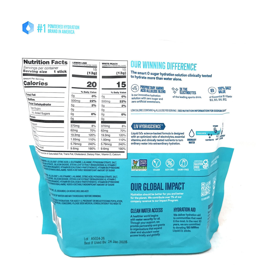 Liquid I.V. White Peach packet close-up highlighting natural flavor profile
