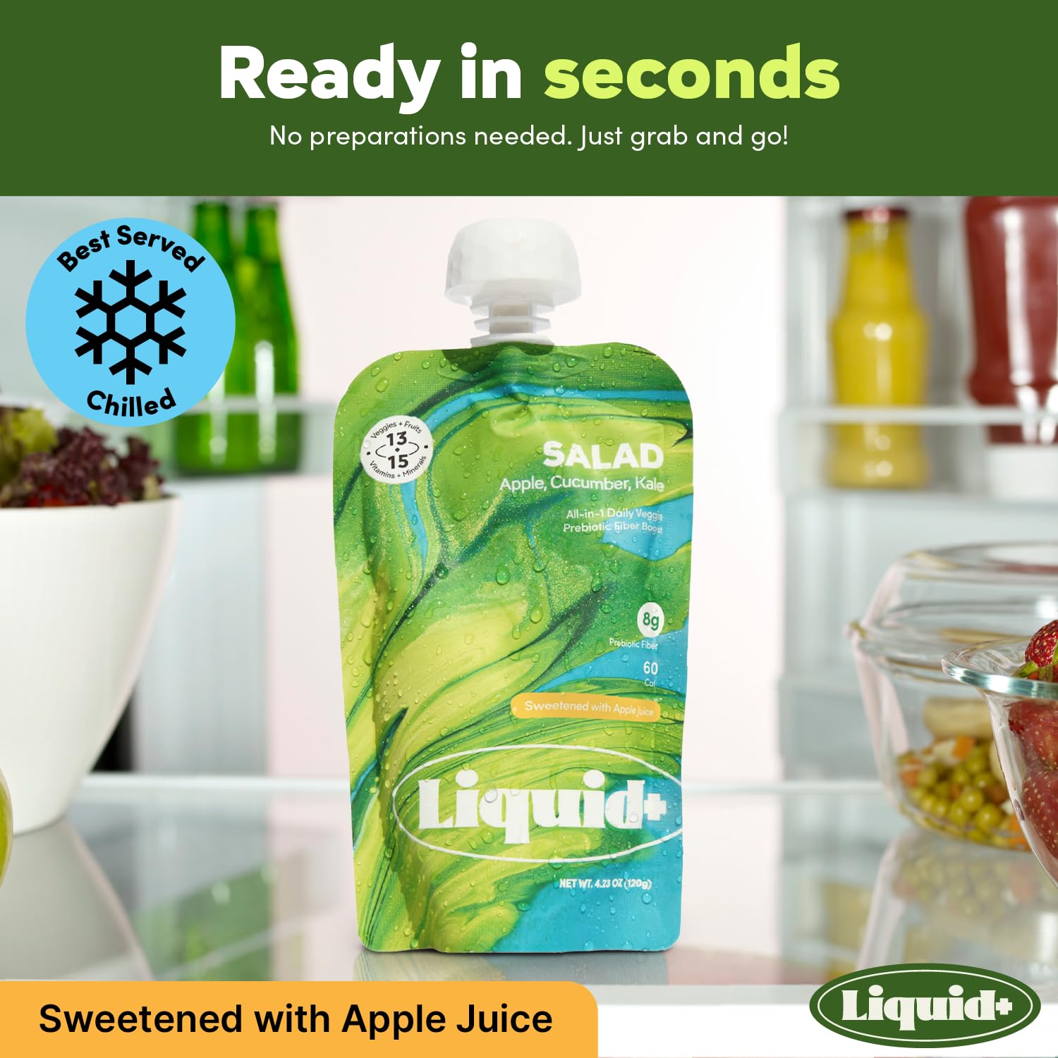 Liquid+ liquid salad held in hand to show single-serve size and portability for busy days