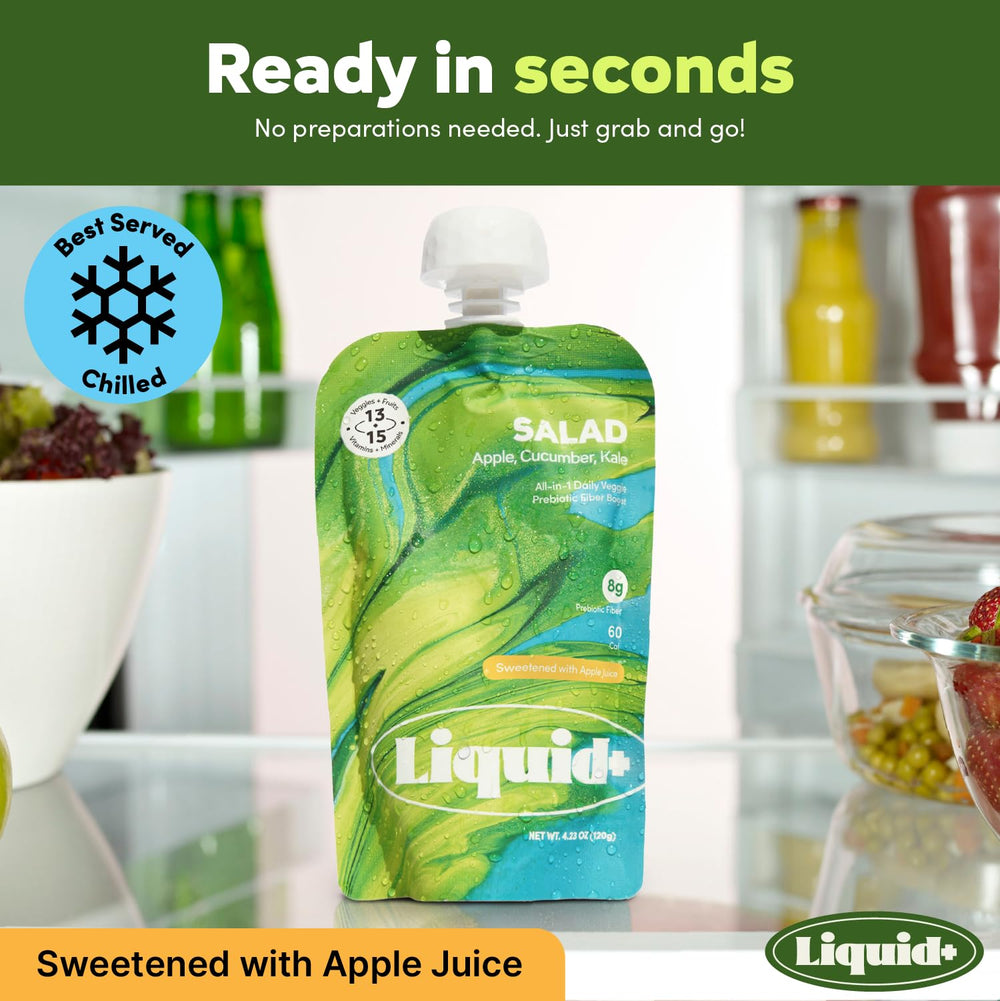 Liquid+ liquid salad held in hand to show single-serve size and portability for busy days