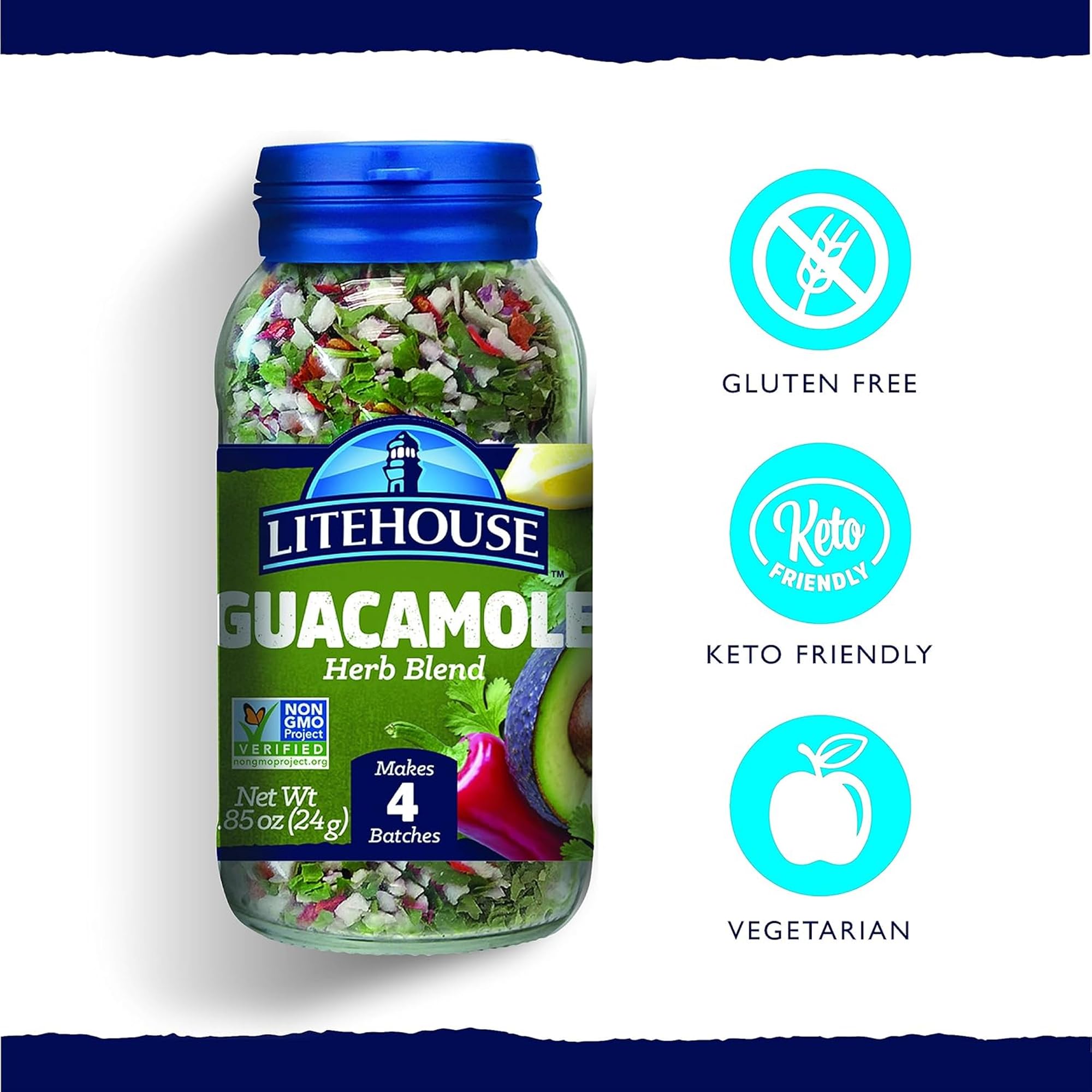 Litehouse open jar with freeze-dried herb mix visible for quick guacamole preparation