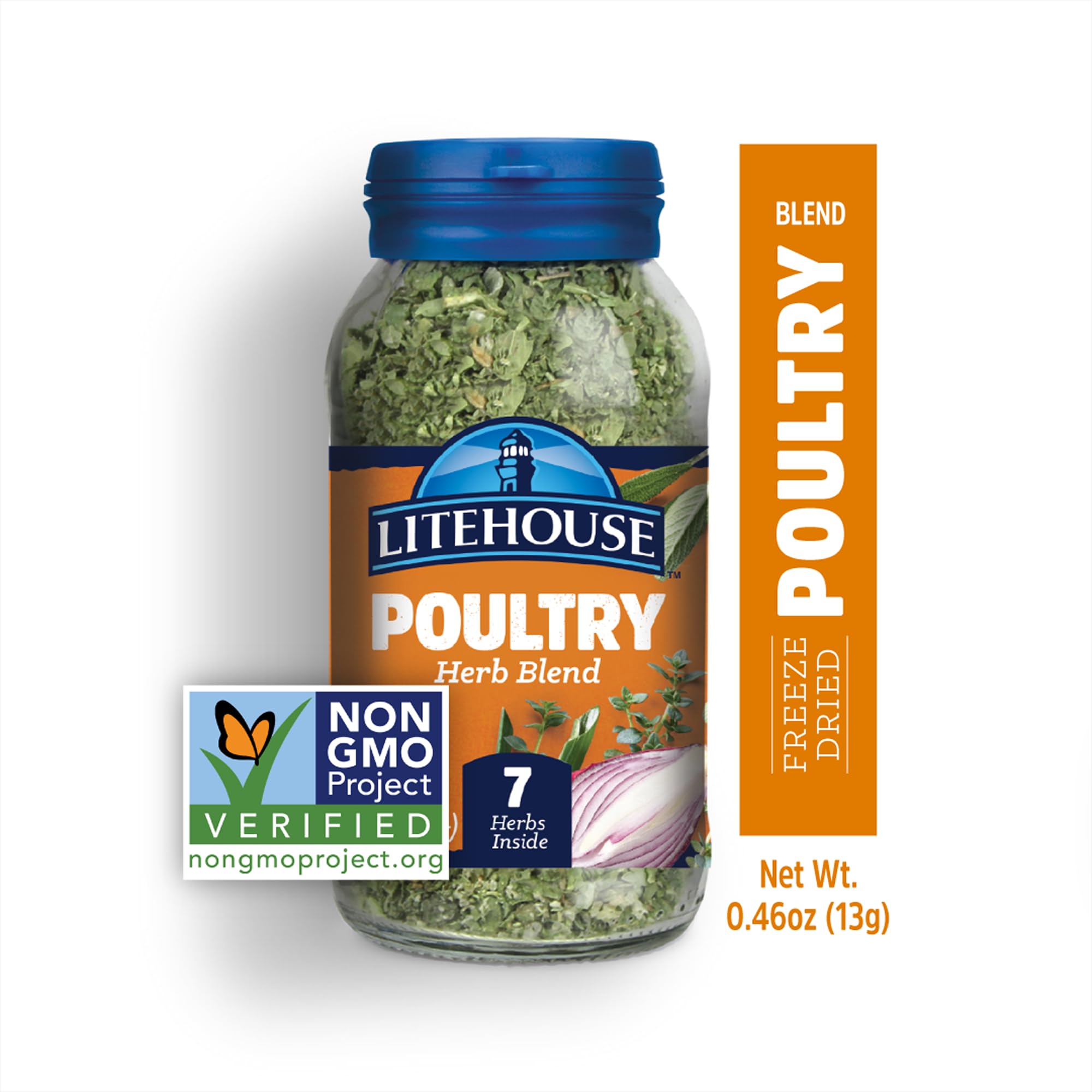 Product label close-up on LITEHOUSE jar showing organic and non-GMO benefits