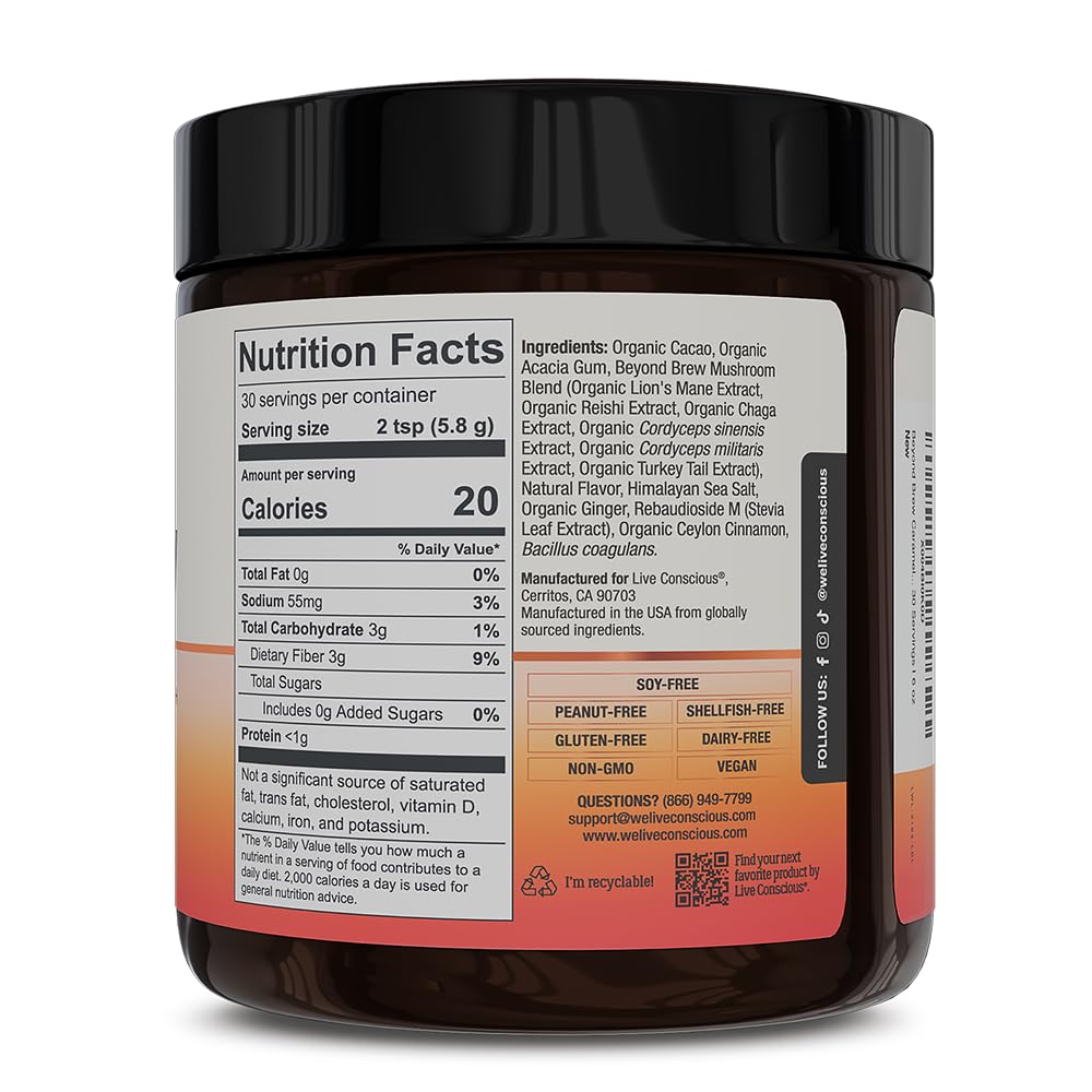 Live Conscious ingredient jar layout with mushroom extracts conveying functional benefits