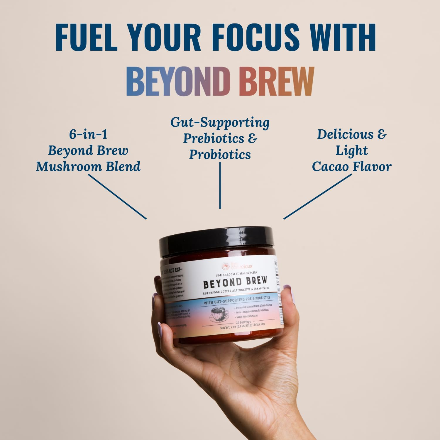Live Conscious powder close-up texture, highlighting rich cacao and mixability benefit