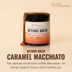 Live Conscious spoonful of powdered blend close-up highlighting rich texture and flavor
