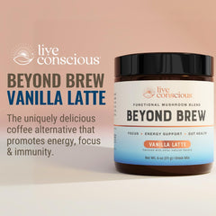 Live Conscious scoop of vanilla latte powder highlighting scoop serve
