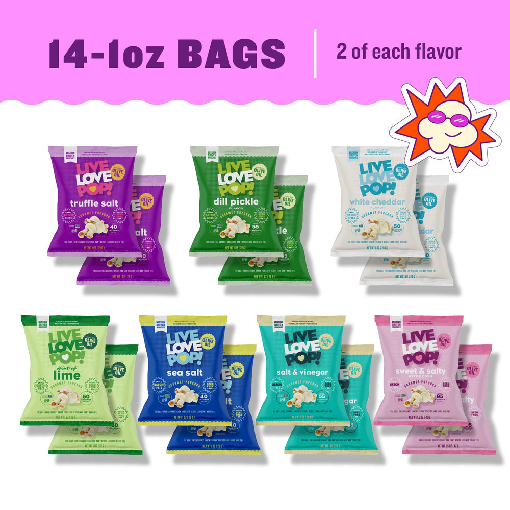 Live Love Pop flavor array of seven distinct single-serve bags for variety