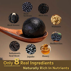 LIVEEN ingredients spread with black sesame, nuts and mulberries, shows natural sourcing