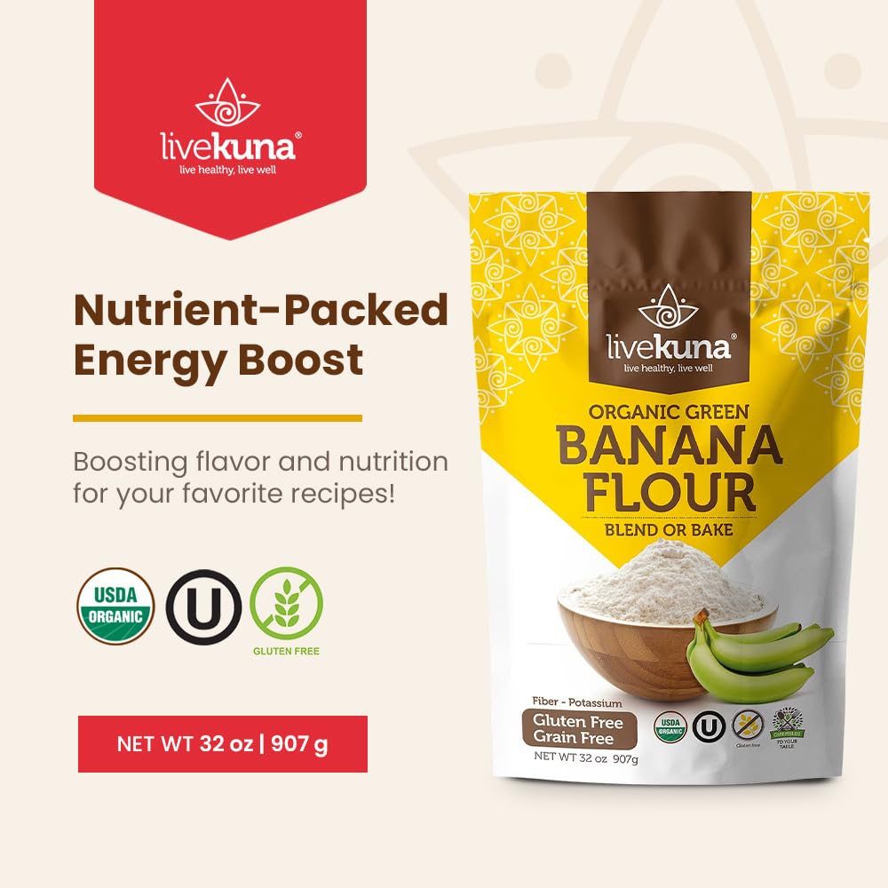 LiveKuna close-up of fine green banana flour texture for mixing ease