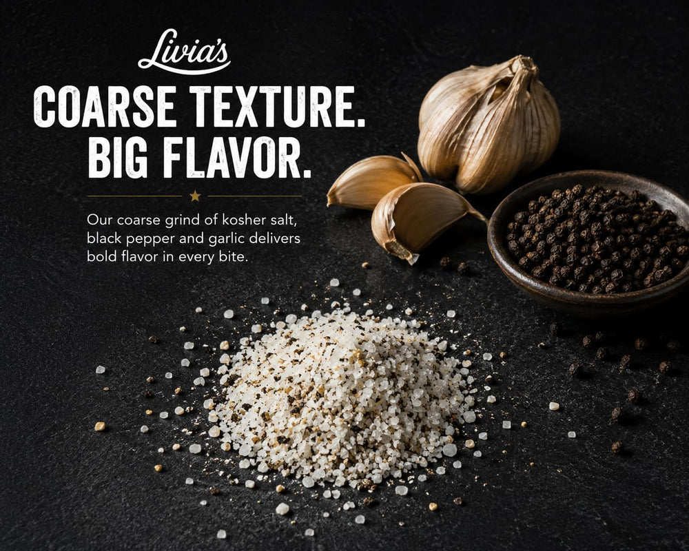 Livia's Seasoning Salt label detail showcasing family recipe and clean ingredients