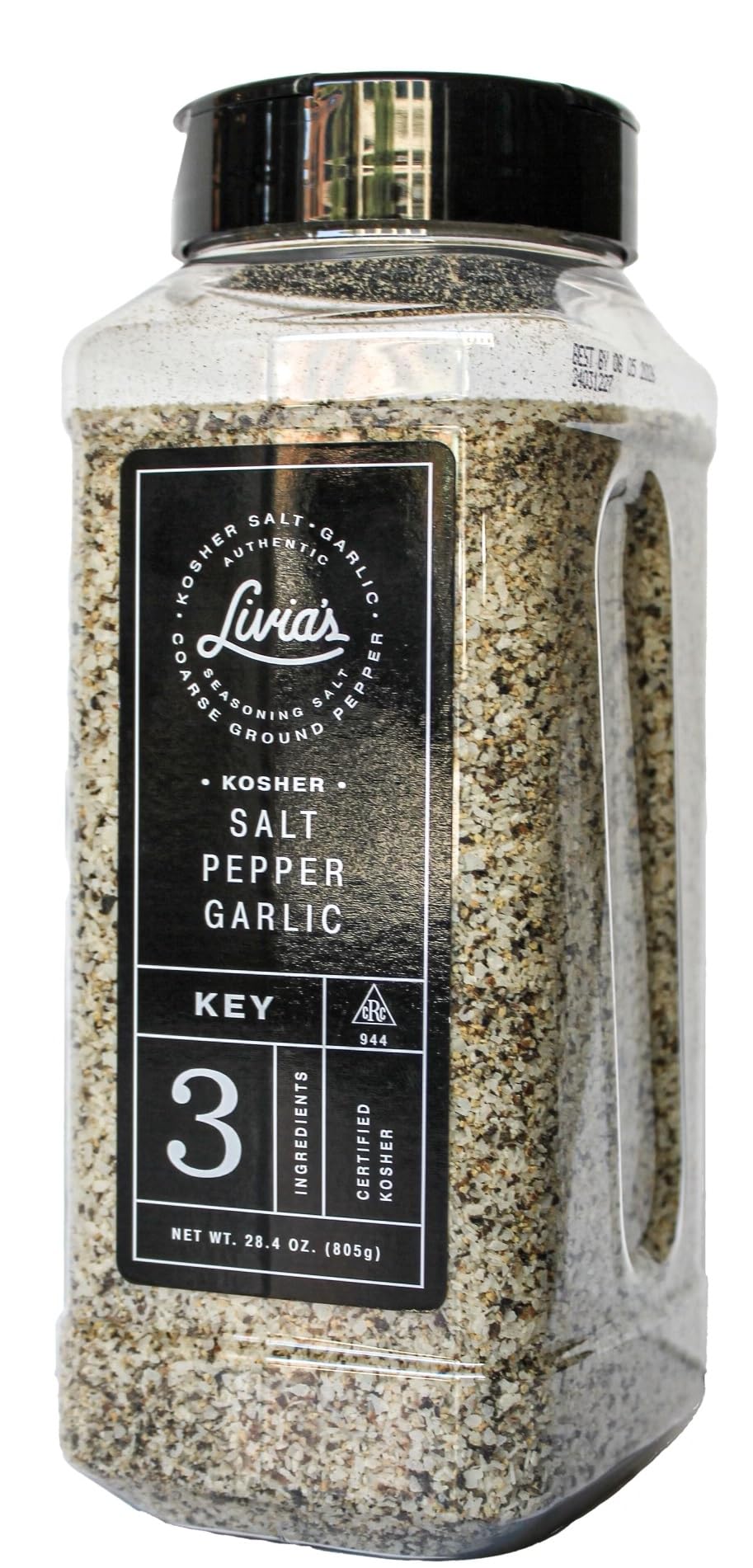 Livia's Seasoning Salt pepper garlic front label showing brand and blend benefit