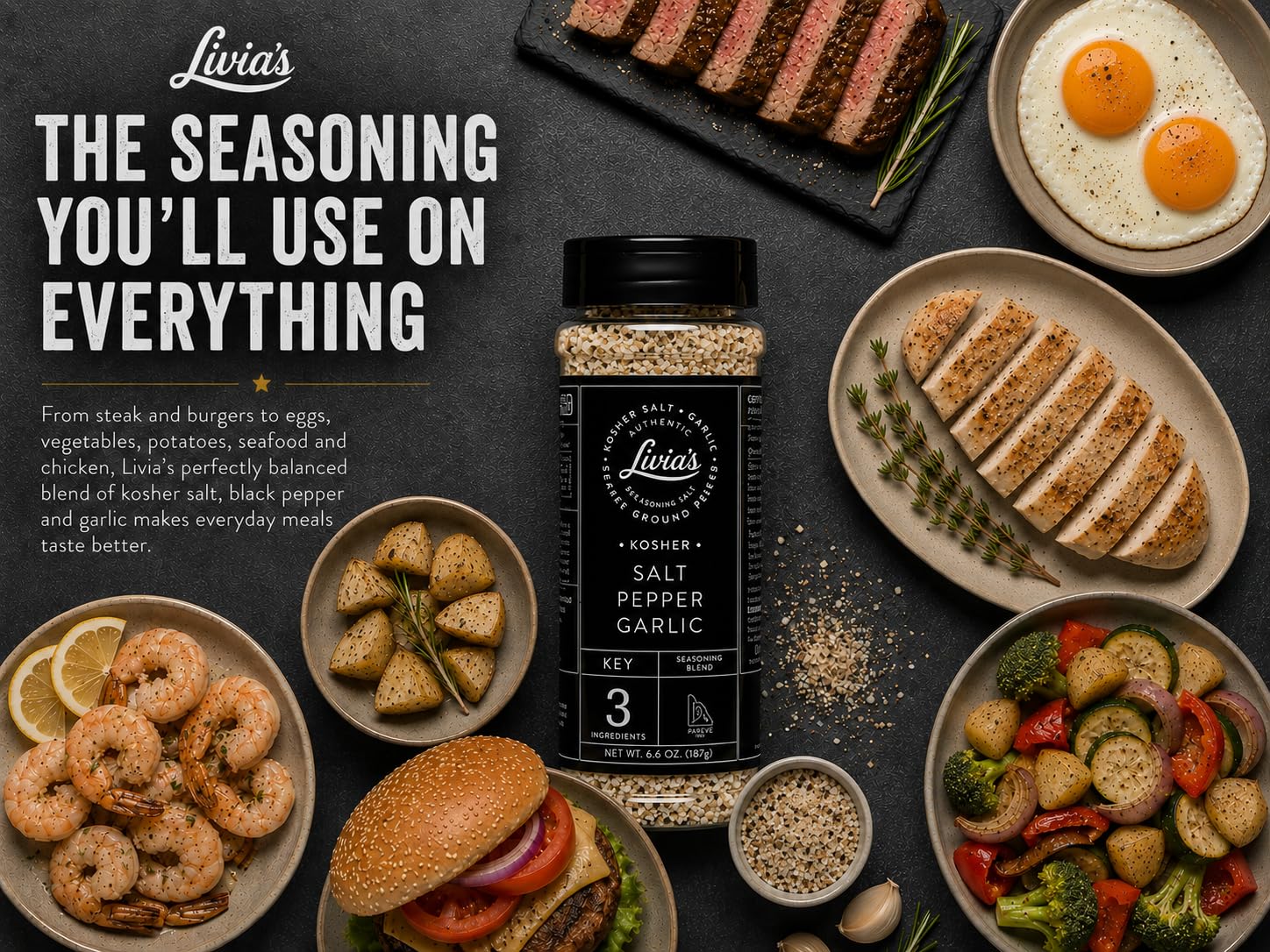 Livia's Seasoning open shaker top revealing coarse grind for easy sprinkling