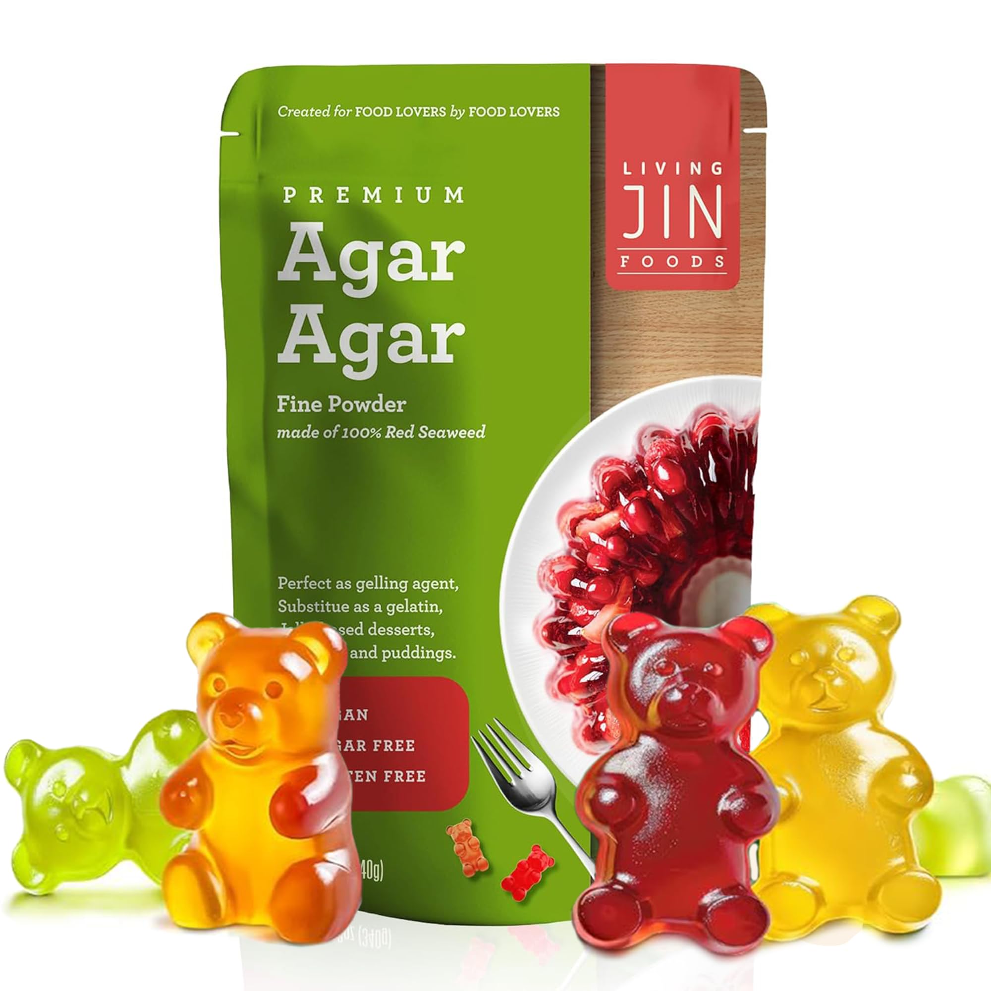 LIVING JIN front packaging showing 12oz jar and label benefit clear information