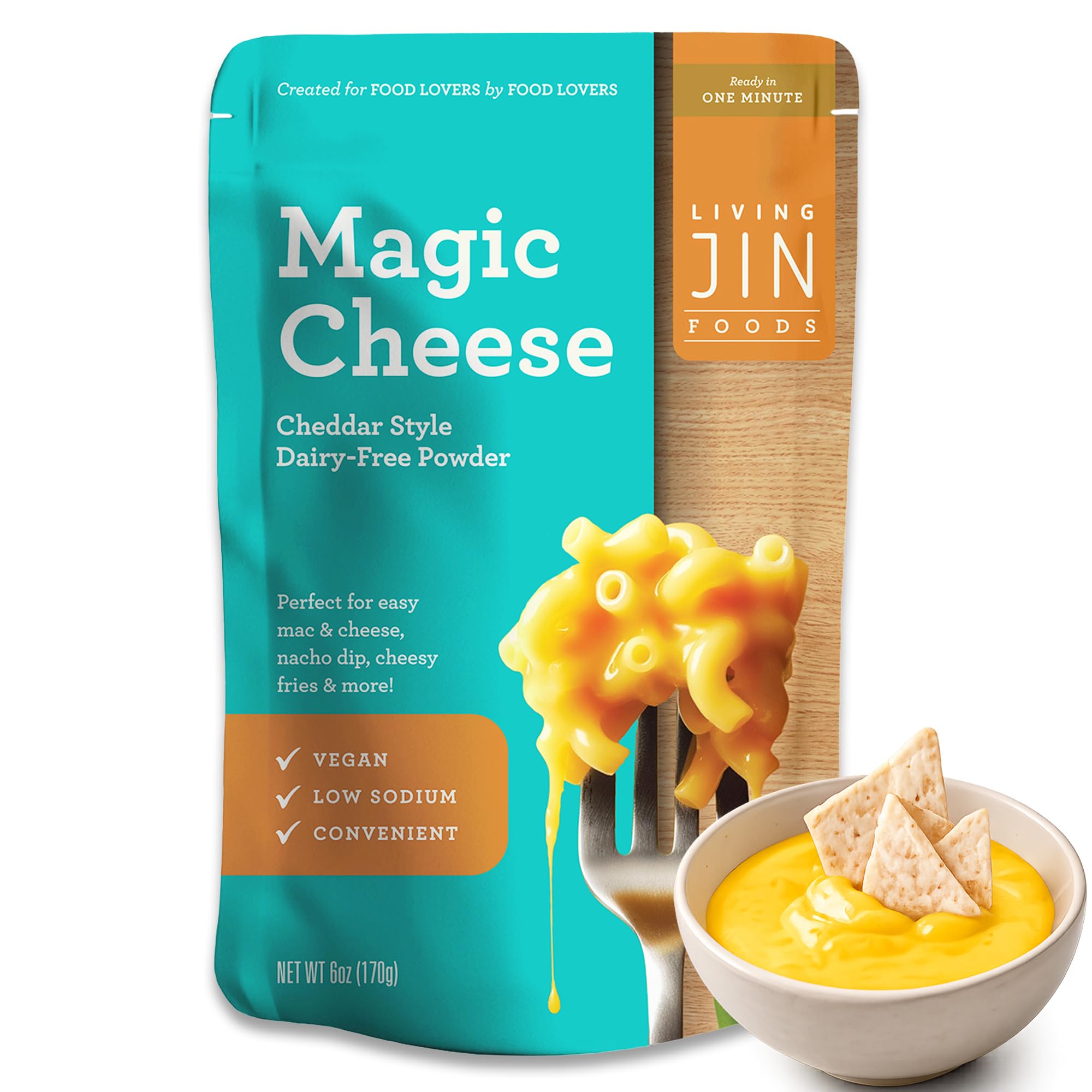LIVING JIN front packaging showing plant-based cheddar mix and benefits