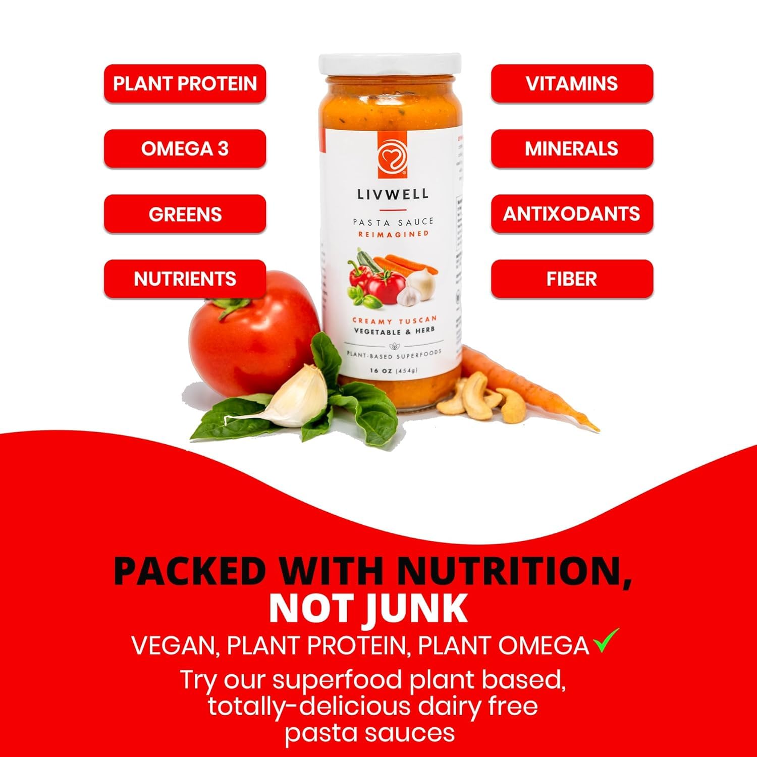 LIVWELL ingredients flatlay with roasted vegetables emphasizing wholesome sourcing
