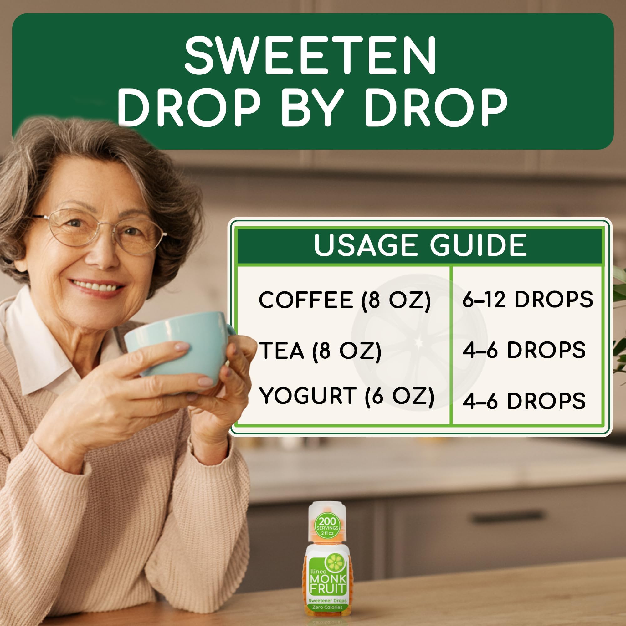 llinea drops being added to coffee to sweeten without calories or dissolving time