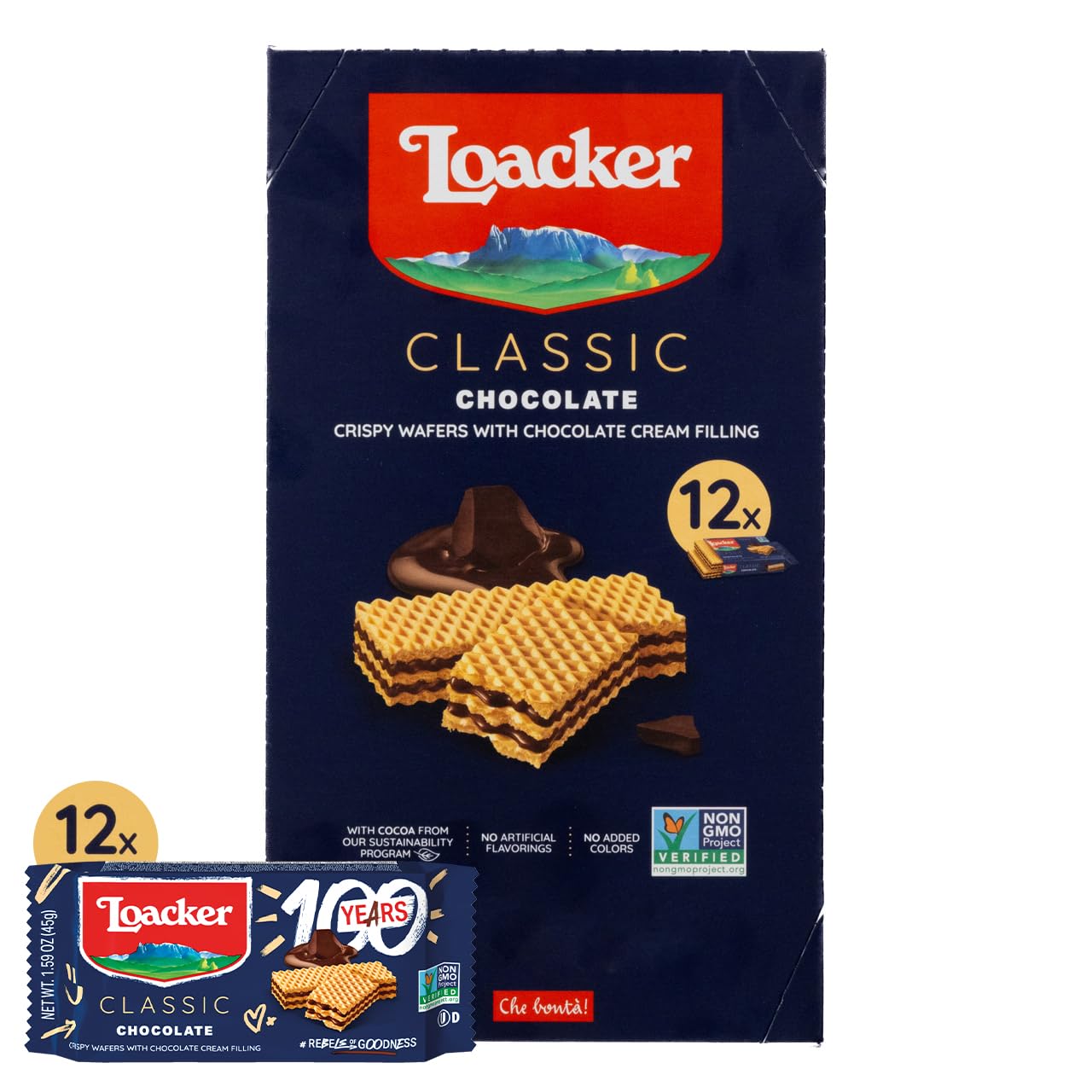 Loacker front packaging showing 12-pack, convenient snacks