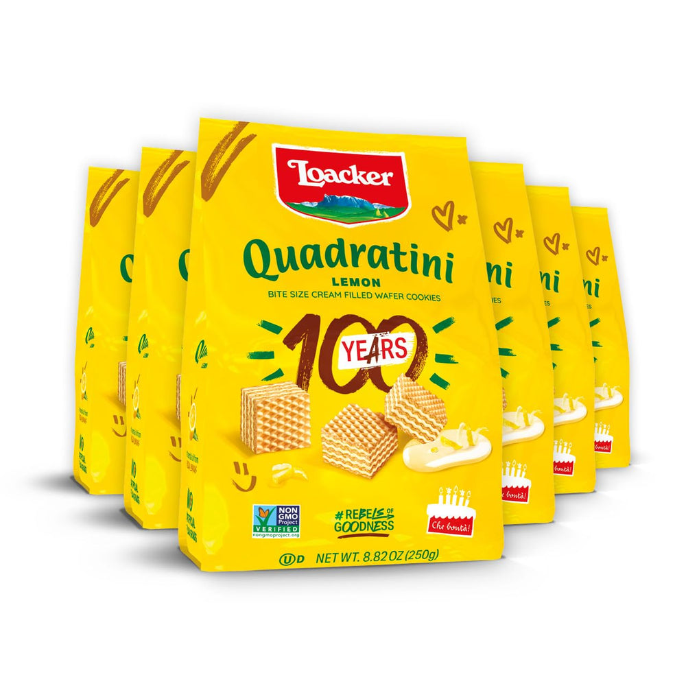 Loacker package front view showing Quadratini Lemon and clear branding for easy shelf recognition