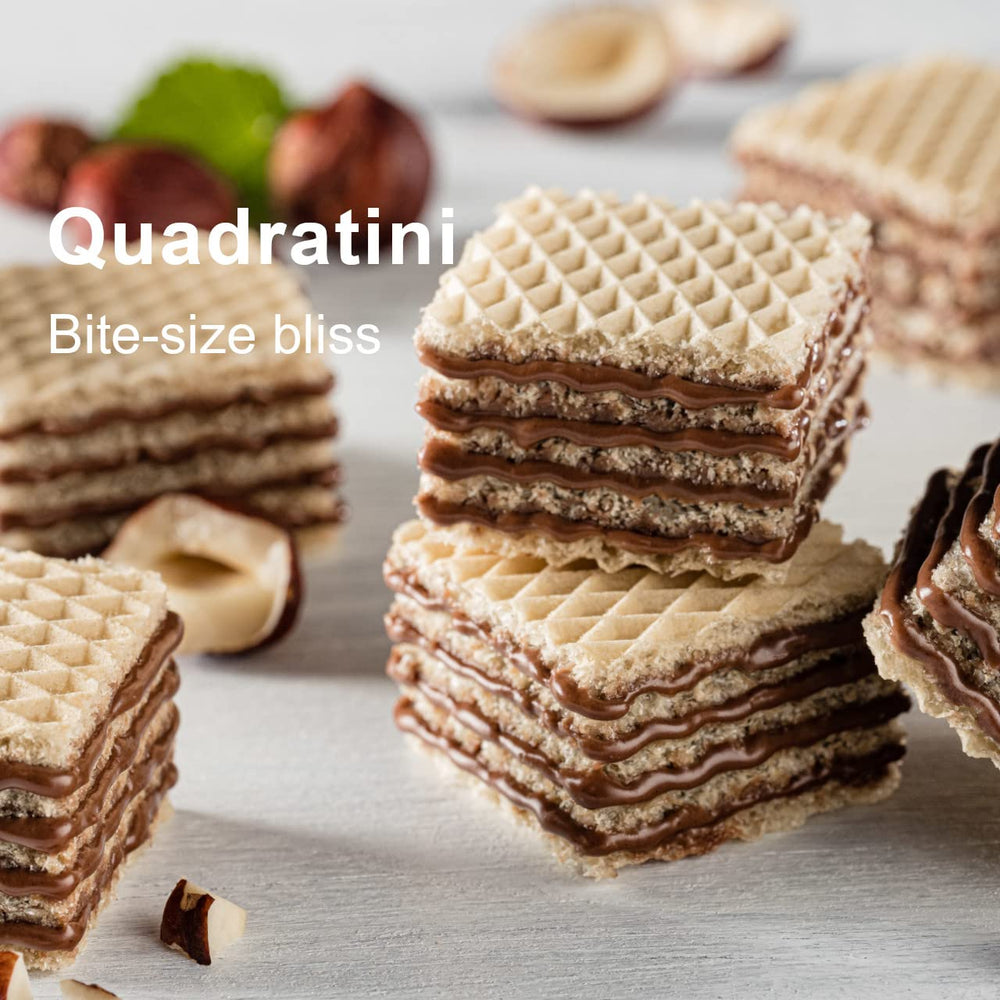 Loacker macro of wafer layers showing delicate crunch and creamy hazelnut filling