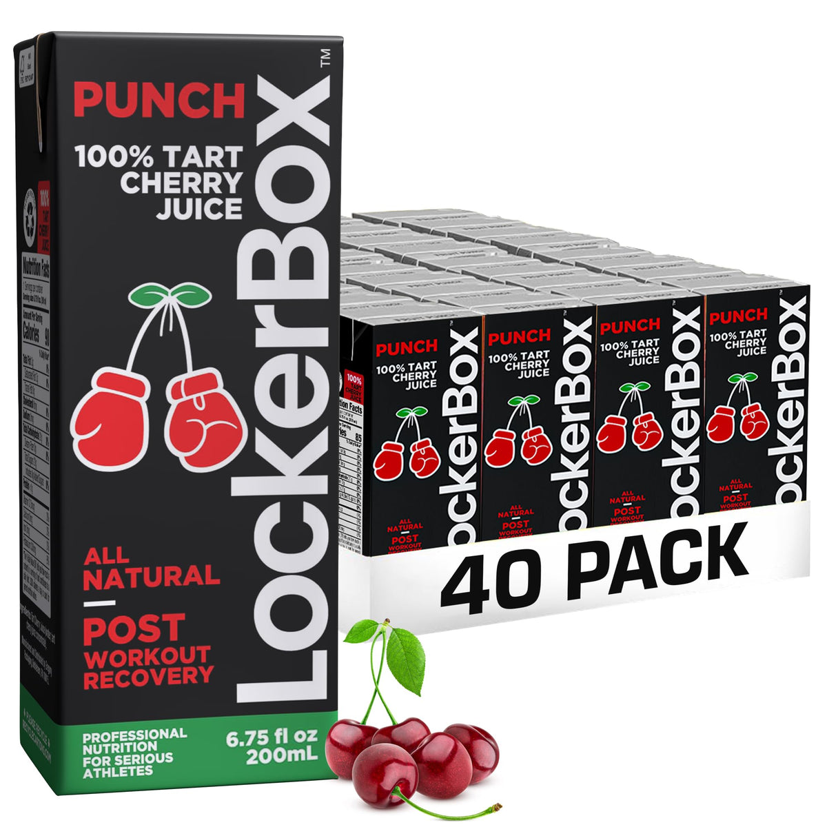 LockerBox front packaging showing 40-pack and tart cherry branding for easy bulk supply