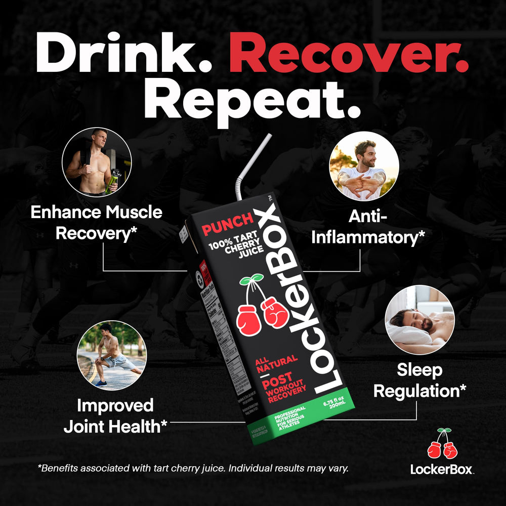 LockerBox juice box tucked inside a gym bag illustrating post-exercise convenience