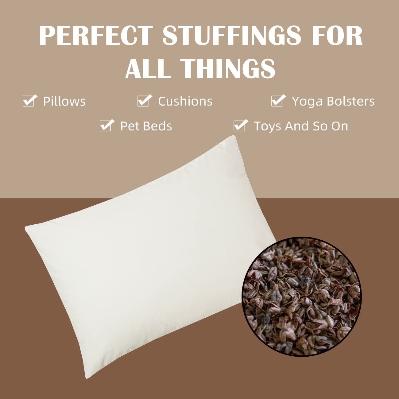 LOFE hands pouring hulls into pillow inner bag demonstrating clean refill advantage