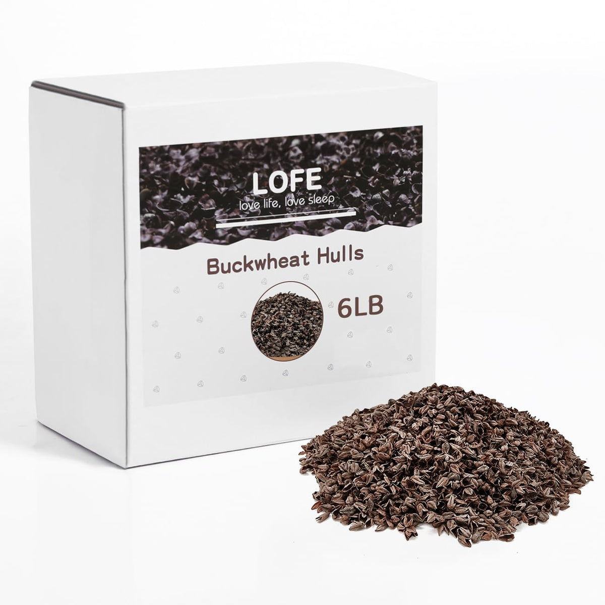 LOFE front bag of 6 lb tartary buckwheat hulls showing packaging and volume benefit