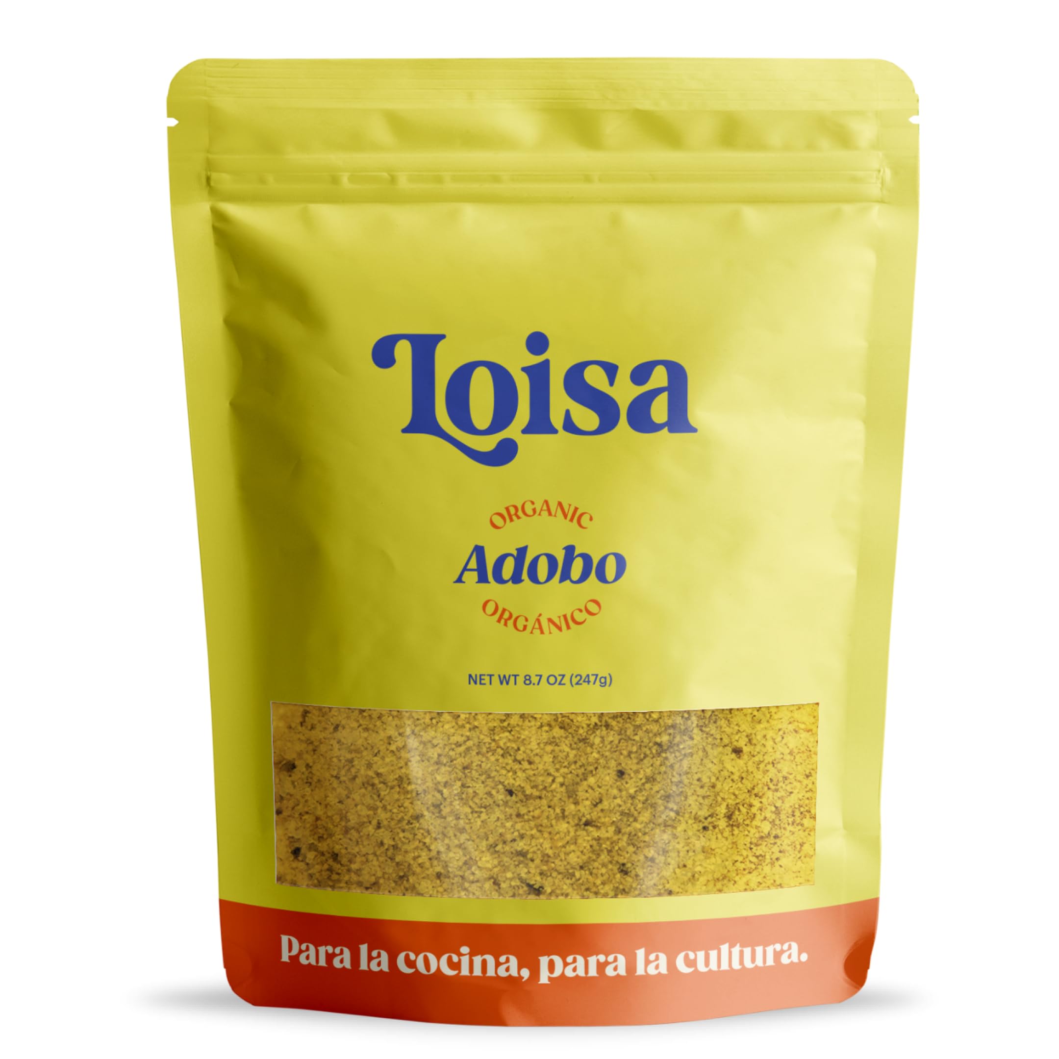 Loisa adobo front packaging showing label and organic seal, highlights clean ingredients