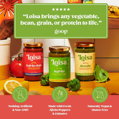 Loisa jars on kitchen counter styled with fresh produce showing pantry-ready Latin flavor