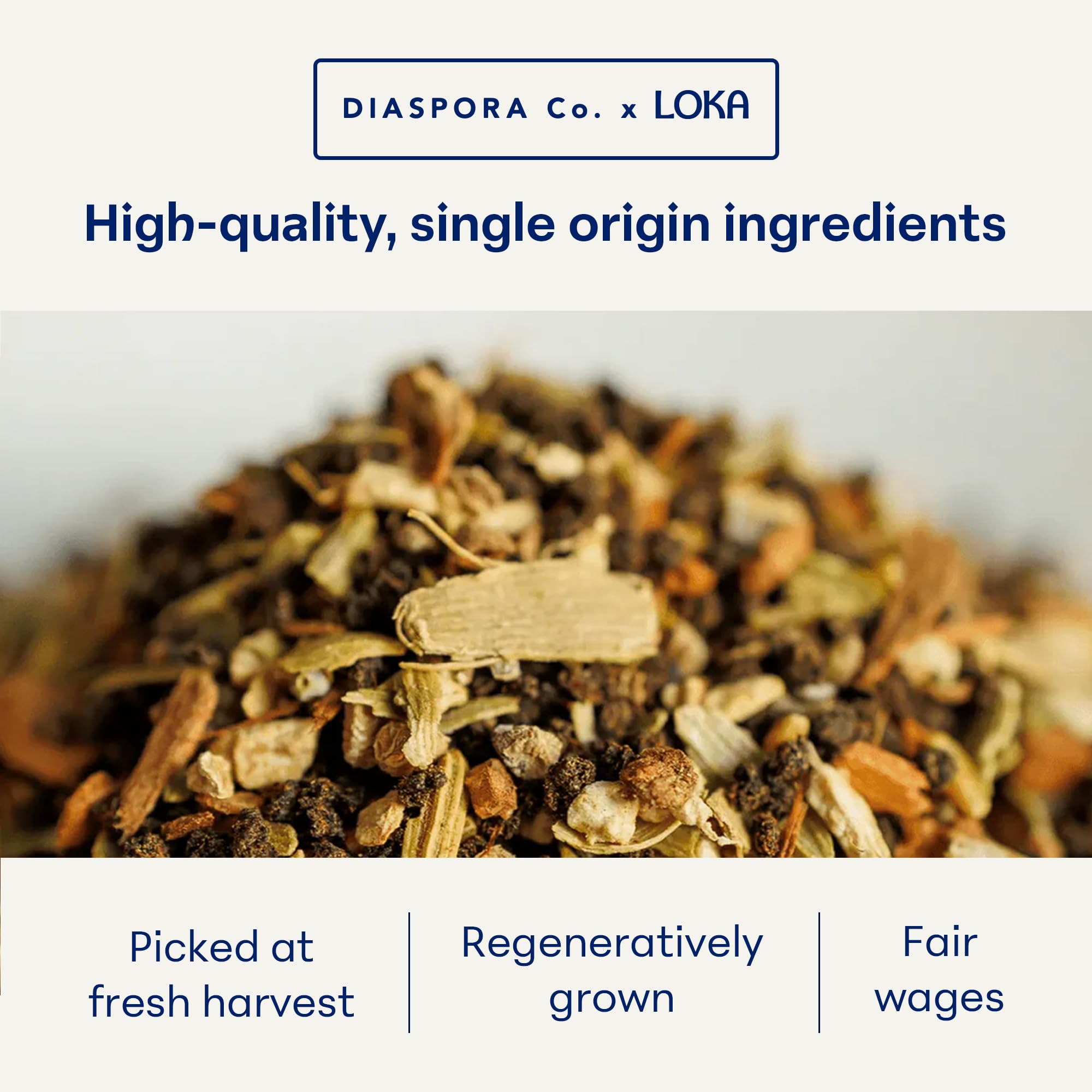 Loka open bag revealing coarse loose-leaf chai and visible spices benefits freshness