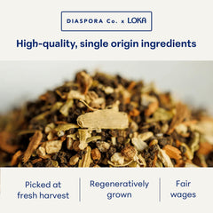 Loka open bag revealing coarse loose-leaf chai and visible spices benefits freshness