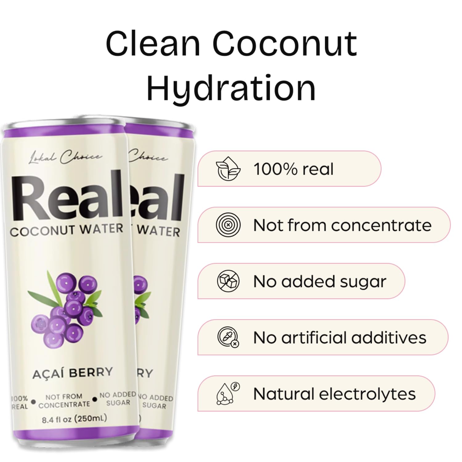 lōkal chōice single can front label highlighting açaí berry coconut water and no added sugar