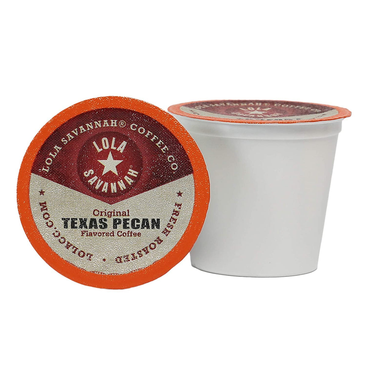 Lola Savannah front packaging showing 50-count pod box and bold pecan flavor benefit fresh cups
