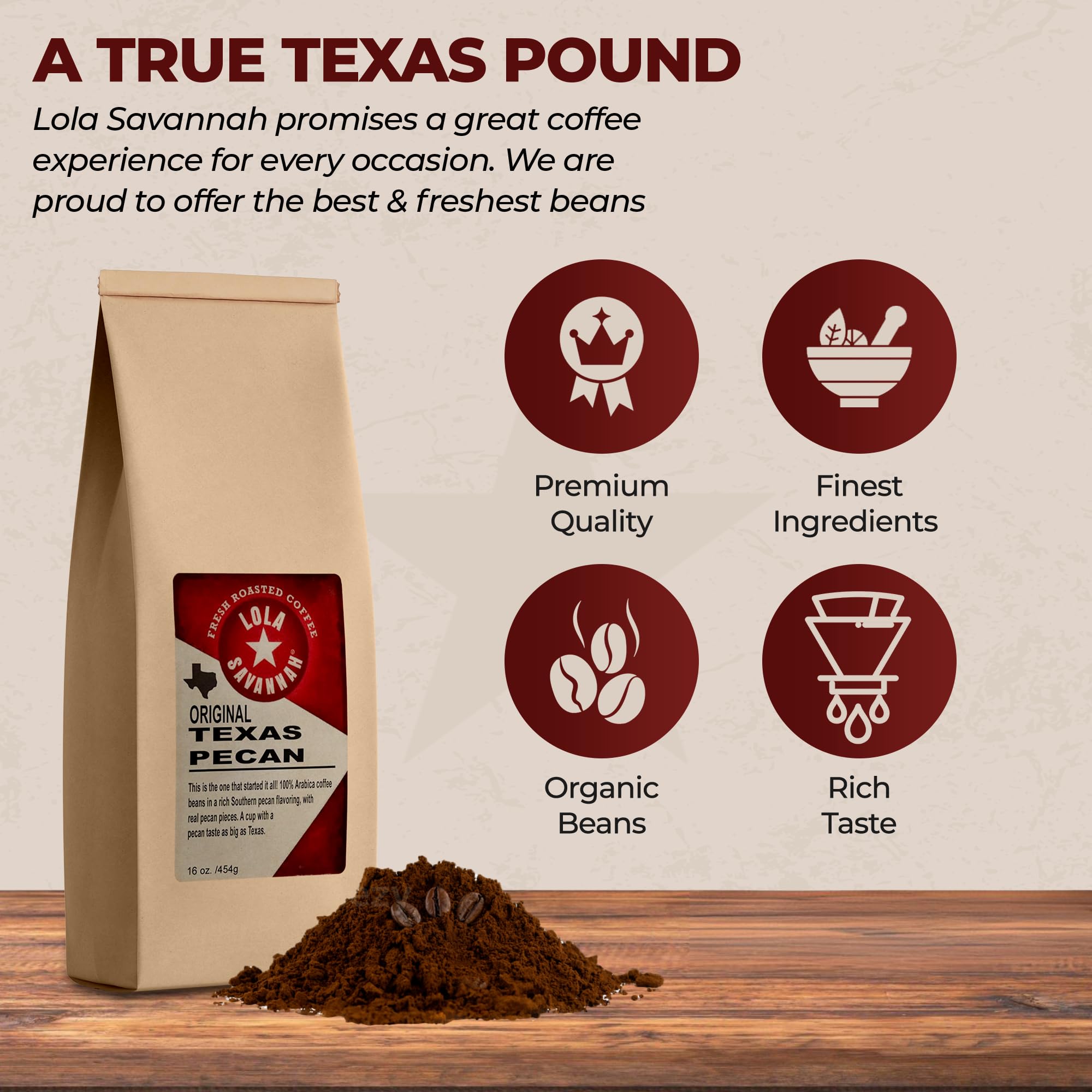 Lola Savannah label close-up highlighting Texas pecan flavor and quality