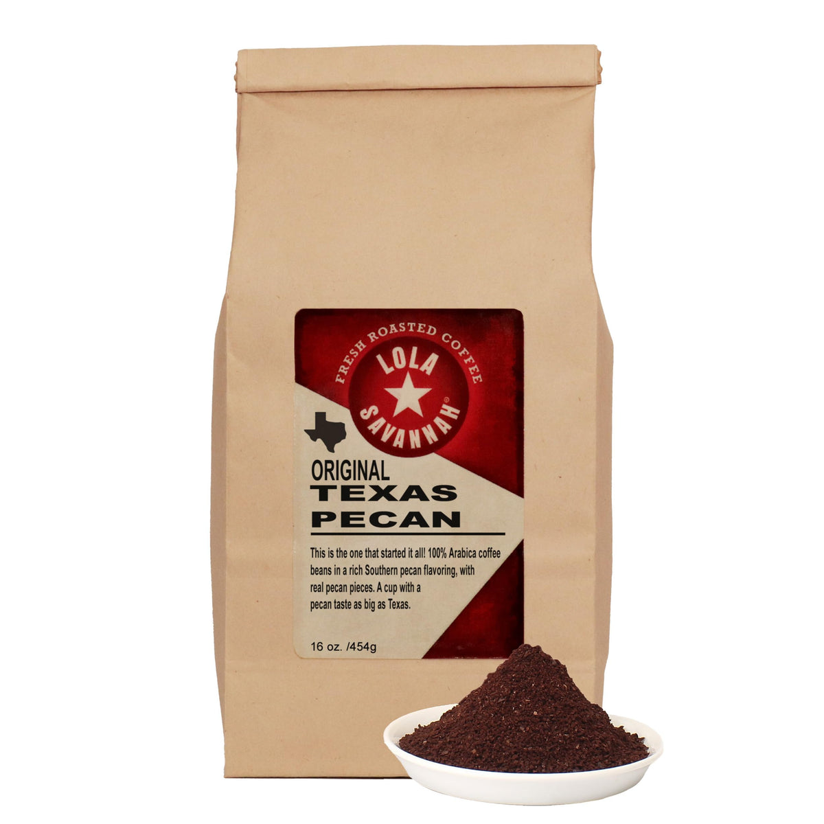 Lola Savannah front packaging showing 1 lb bag and pecan flavor benefit