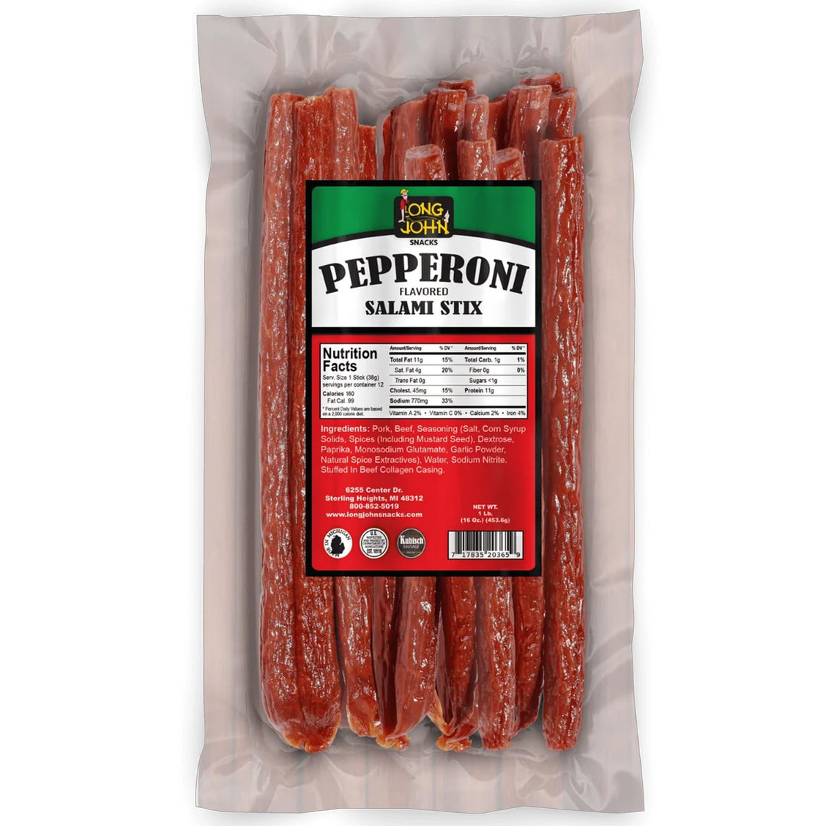 Long John Snacks front packaging showing 16 oz pepperoni sticks and brand badge