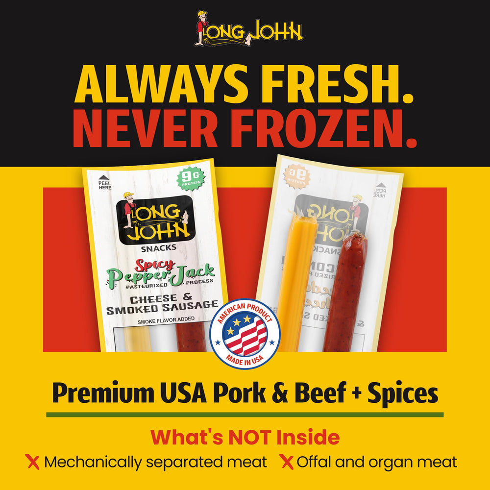 Long John Snacks cheddar and spicy pepper jack pairing displayed to highlight real Wisconsin cheese