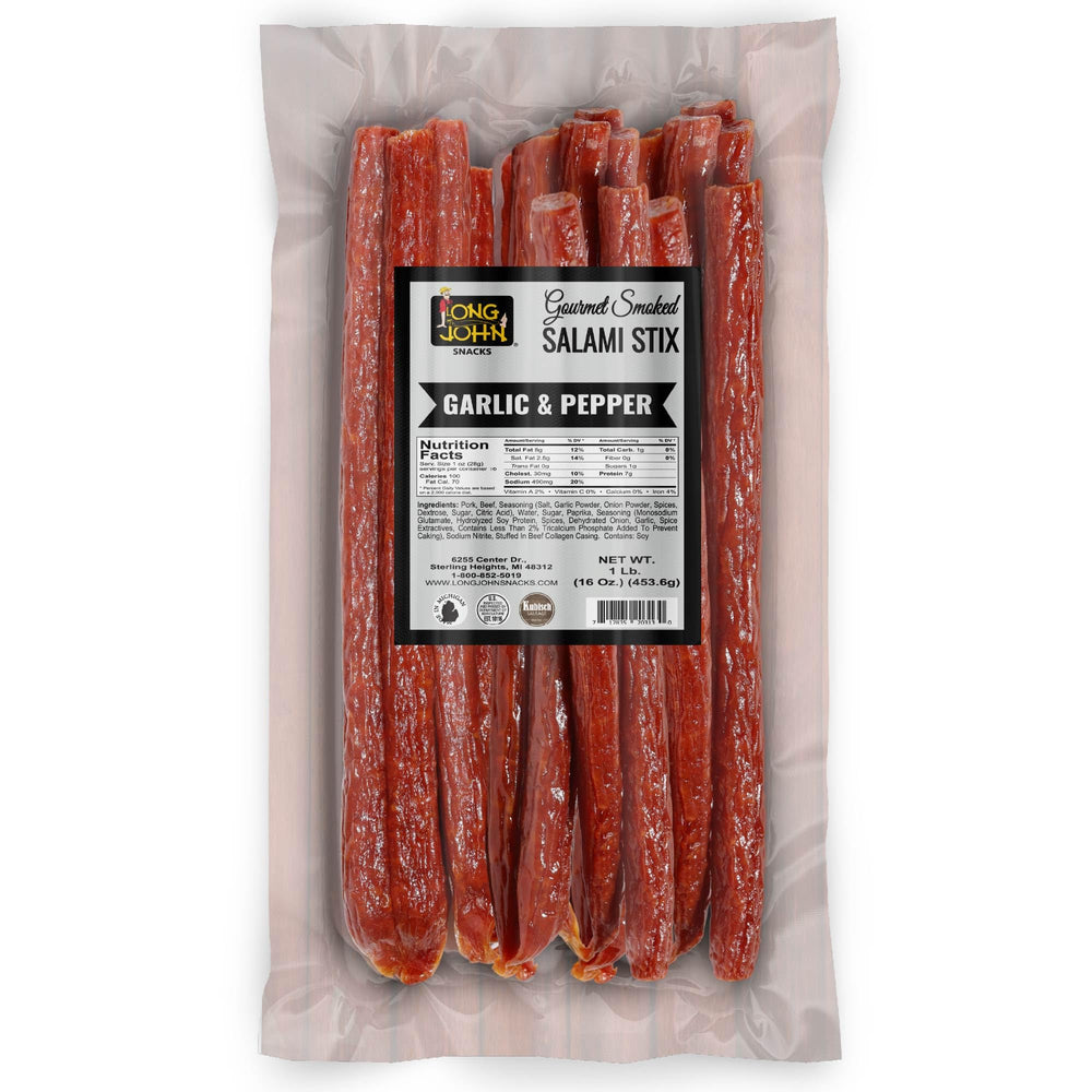 Long John Snacks front packaging shows garlic and pepper flavor and convenient bulk size