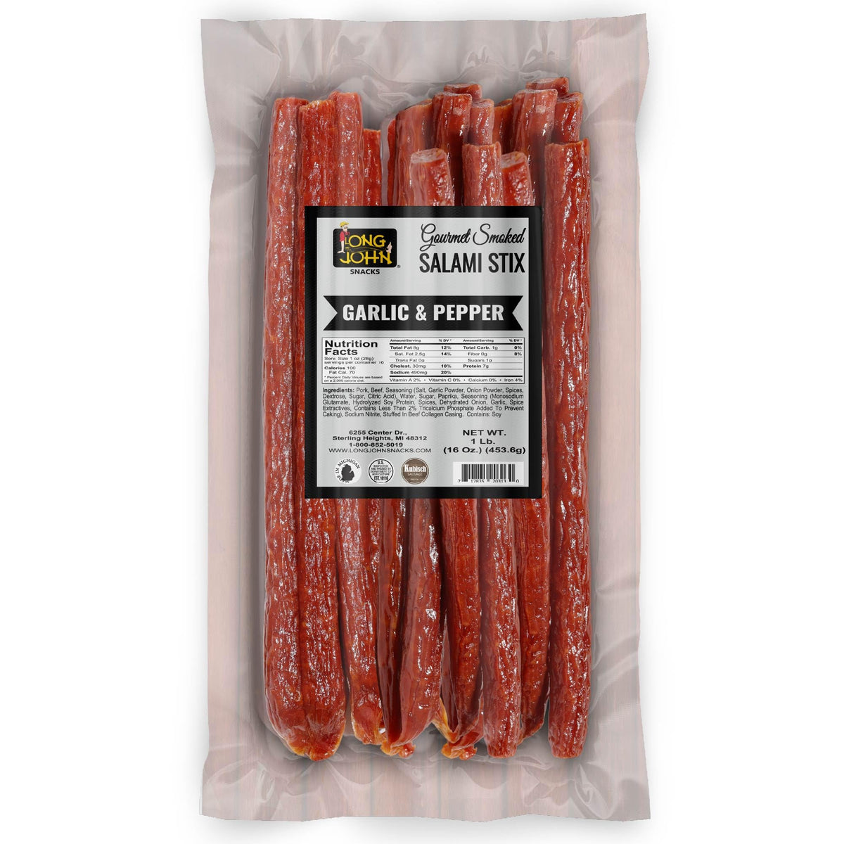 Long John Snacks front packaging shows garlic and pepper flavor and convenient bulk size