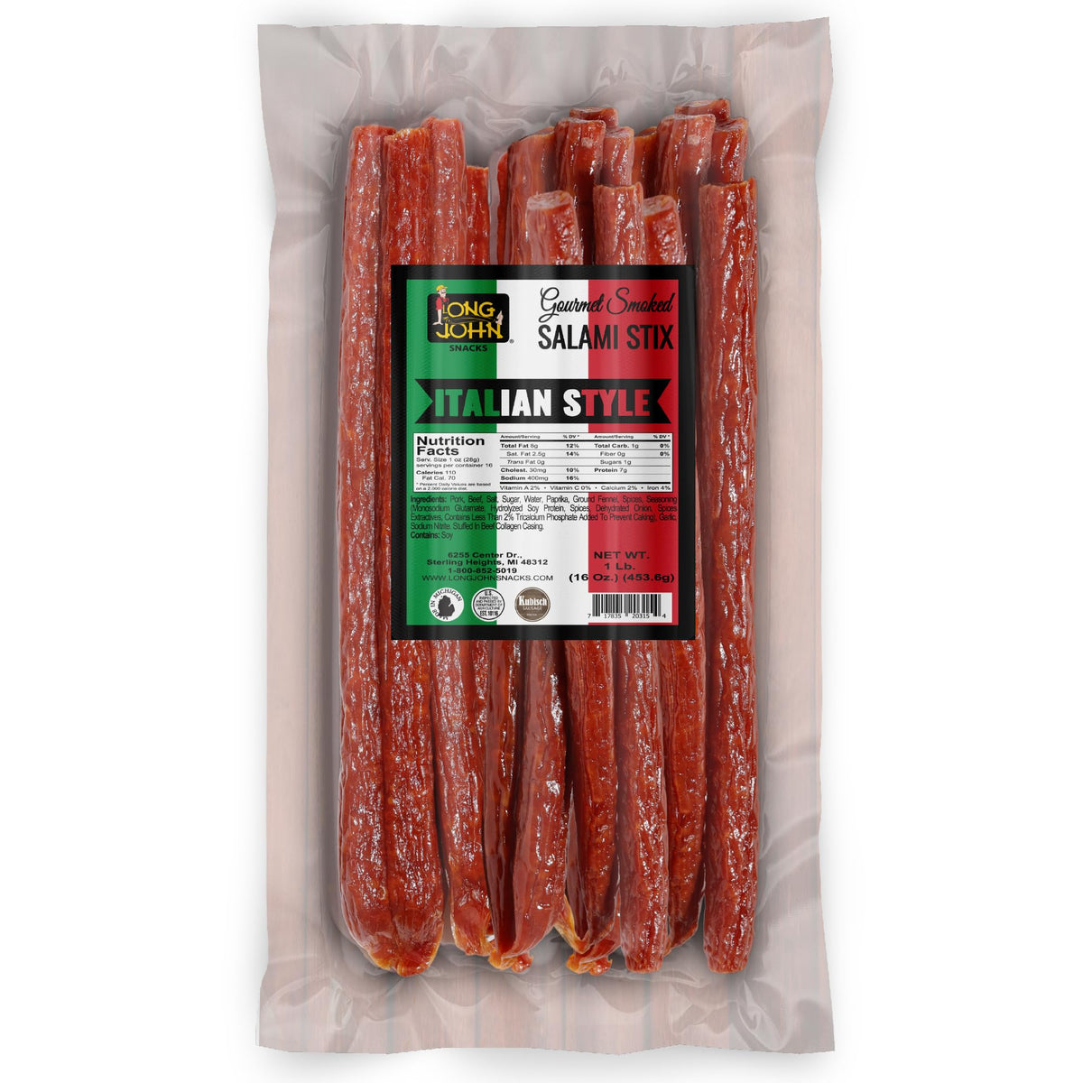 Long John Snacks front packaging showing 16 oz Italian salami sticks for convenient protein