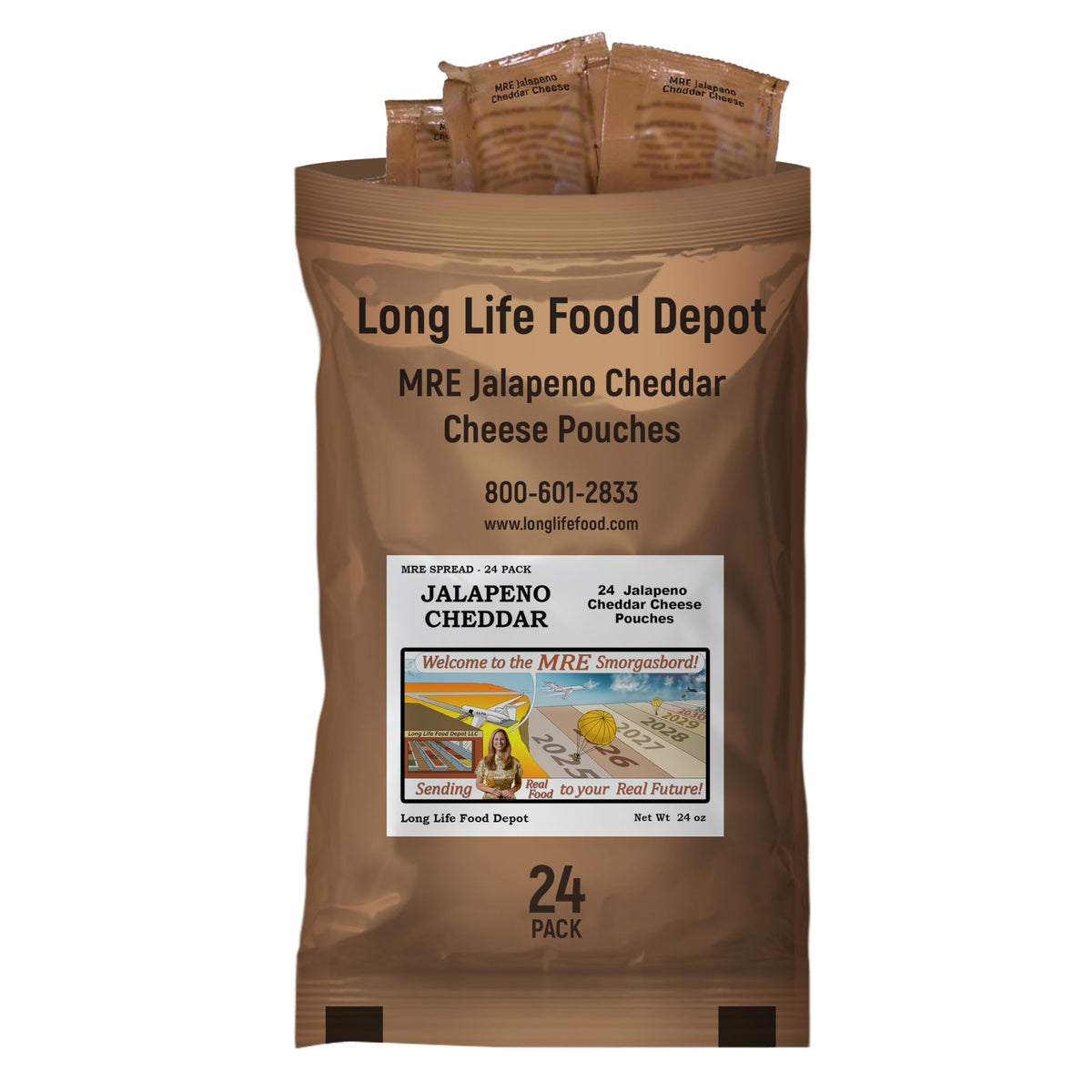 Long Life Food Depot front packaging showing 24-pack and product branding, clear shelf-life benefit
