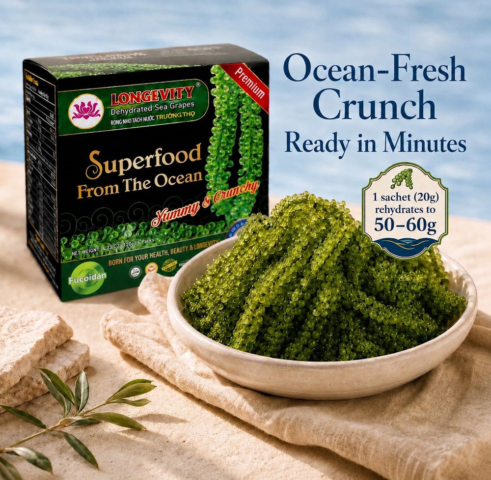 LONGEVITY close-up of sea grape texture highlighting popping crunch