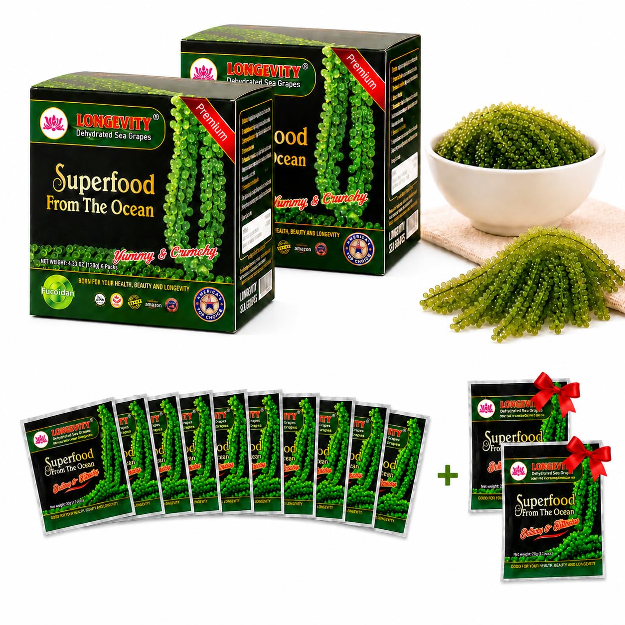 LONGEVITY SEA GRAPES front packaging showing 8.4oz pouch and 12-pack convenience