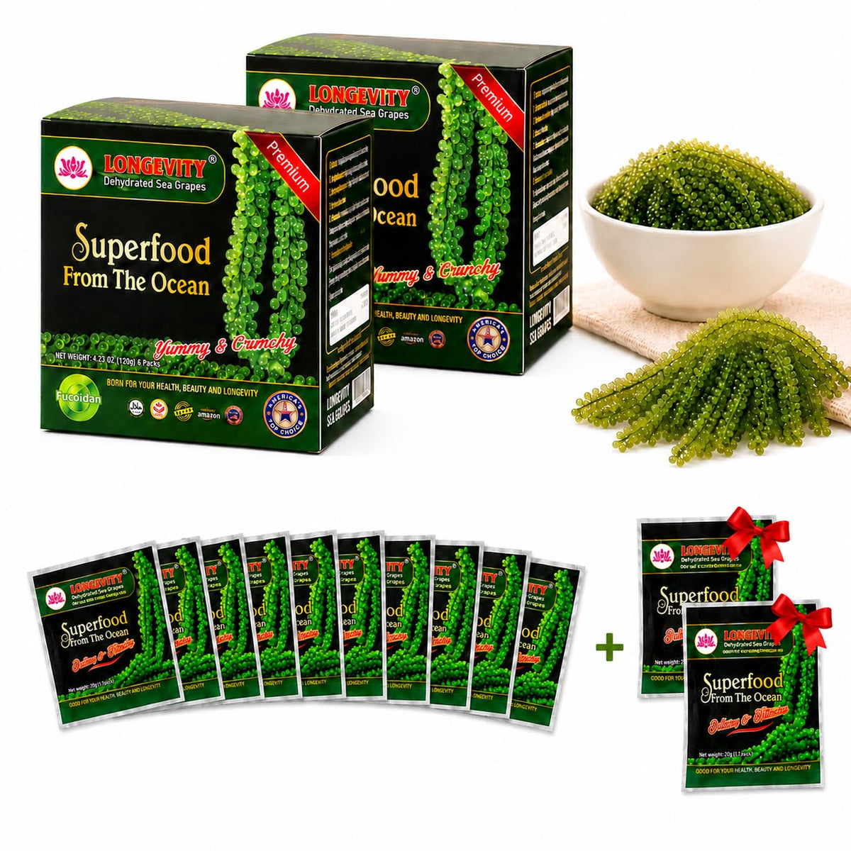 LONGEVITY SEA GRAPES front packaging showing 8.4oz pouch and 12-pack convenience