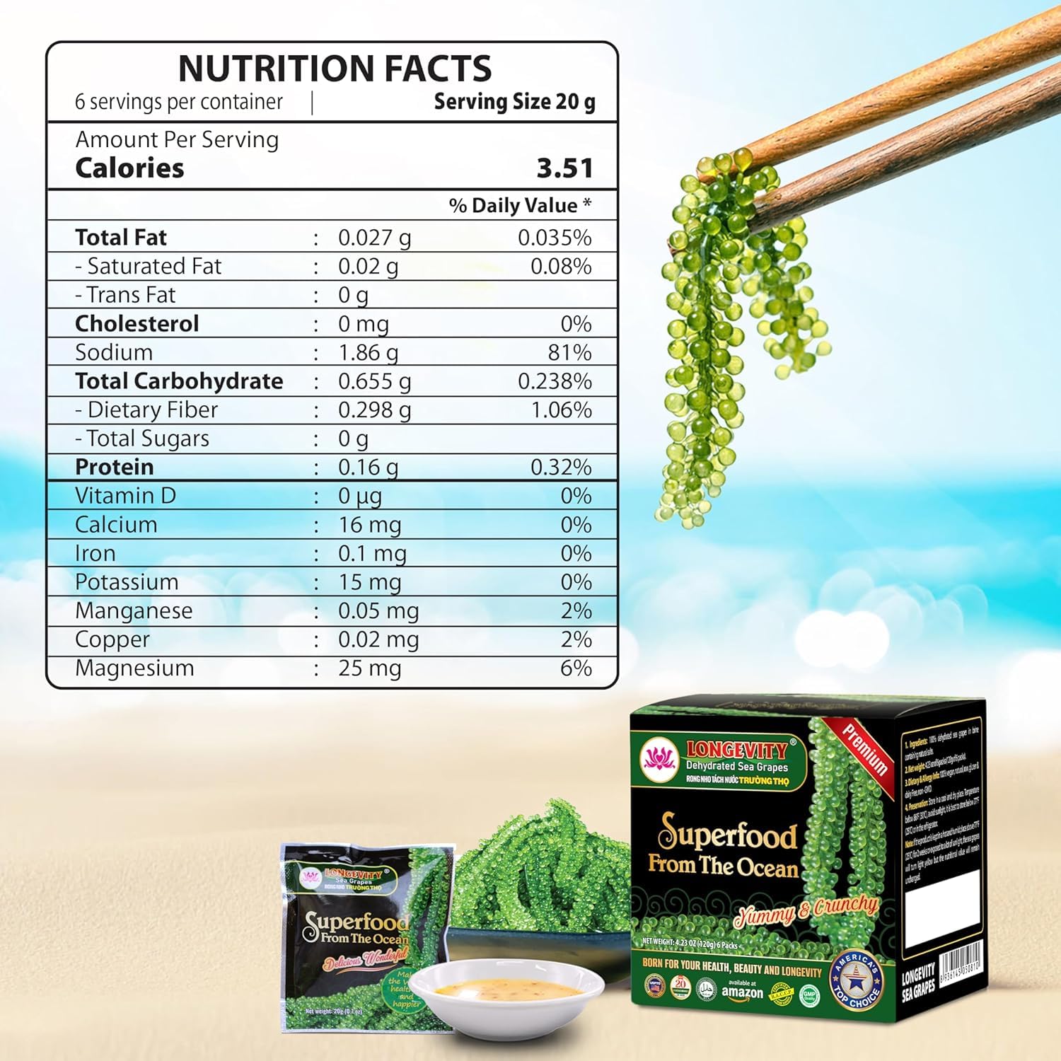 LONGEVITY SEA GRAPES label close-up showing organic certification details